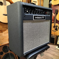 Angled view of Hiwatt T40/20 Combo 1x12 Guitar Amplifier on top of stool with guitars in the background