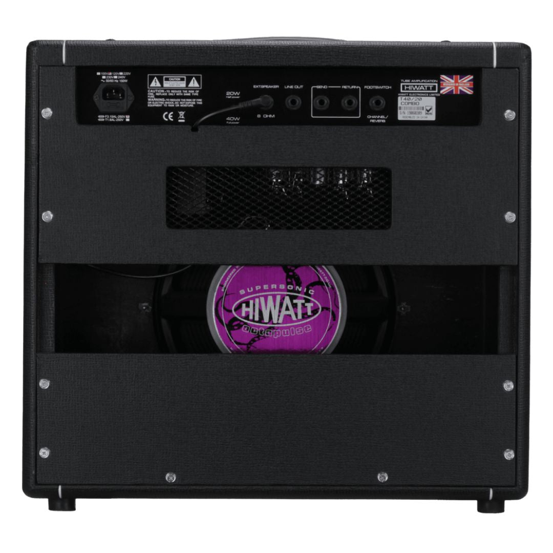 Rear view of Hiwatt T40/20 Combo 1x12 Guitar Amplifier on white background