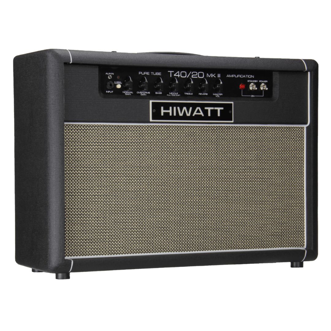 Angled front view of Hiwatt T40/20 Combo 2x12 Guitar Amplifier on white background