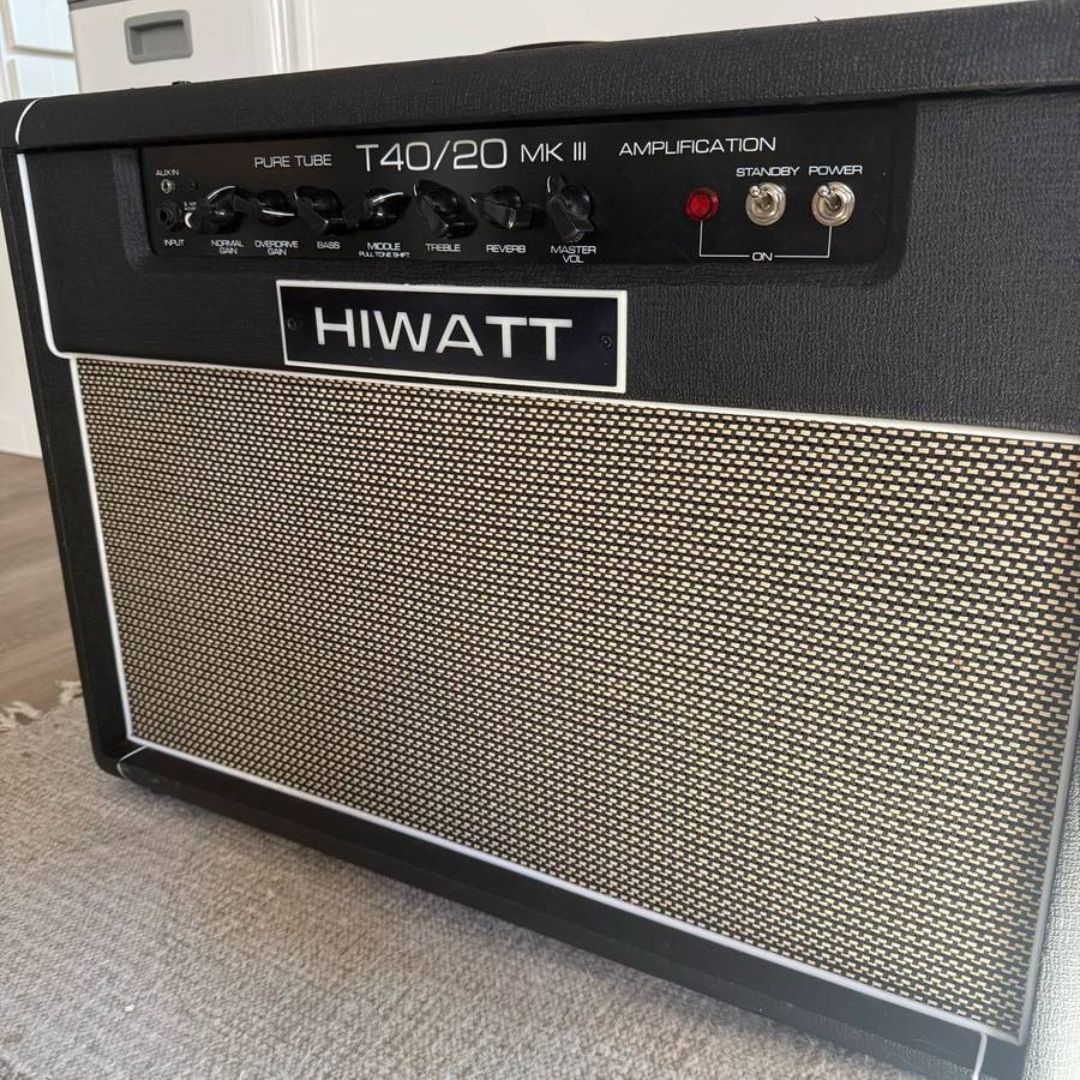 Angled close up view of Hiwatt T40/20 Combo 2x12 Guitar Amplifier on grey carpet in room