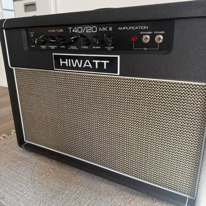 Angled close up view of Hiwatt T40/20 Combo 2x12 Guitar Amplifier on grey carpet in room
