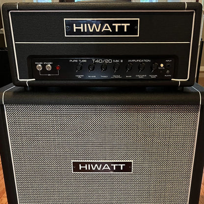 Close up front view of Hiwatt T40/20 Guitar Amplifier Head on top of speaker cab in studio