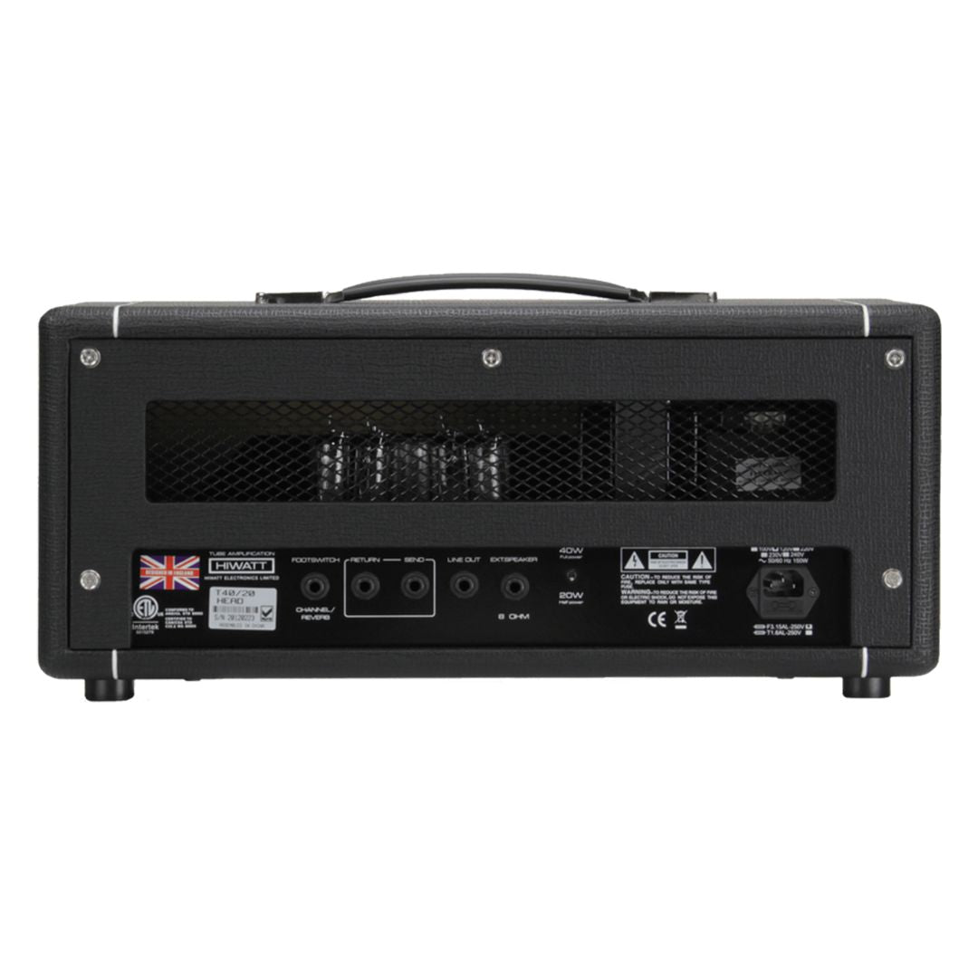 Rear view of Hiwatt T40/20 Guitar Amplifier Head on white background