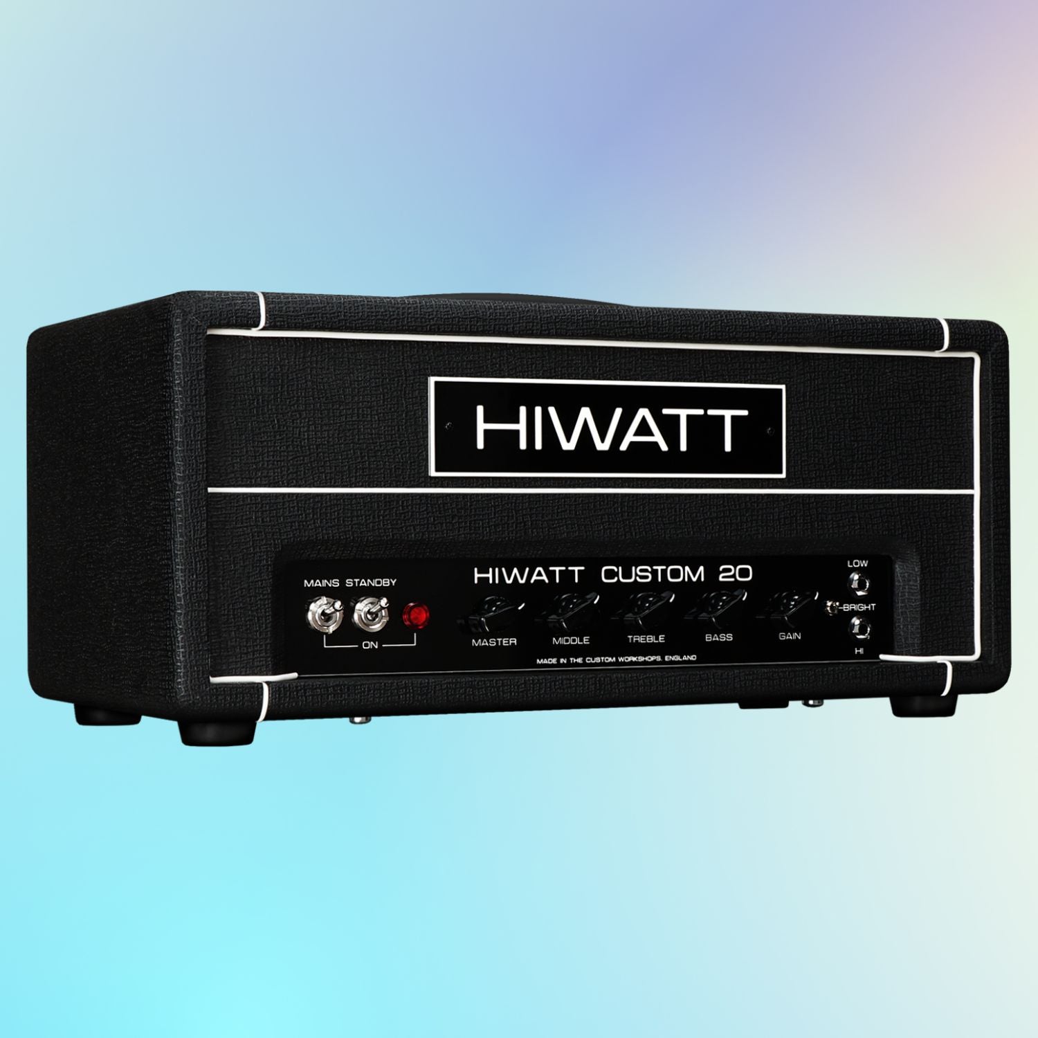 Angled view of Hiwatt The Custom 20 Guitar Amplifier Head on blue gradient background