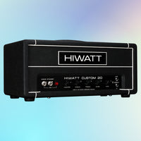 Angled view of Hiwatt The Custom 20 Guitar Amplifier Head on blue gradient background