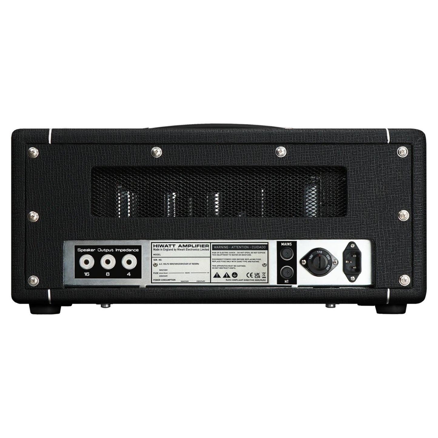 Rear ports view of Hiwatt The Custom 20 Guitar Amplifier Head on white background