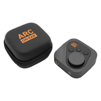 Angled front view of IK Multimedia ARC ON-EAR and carrying case on white background