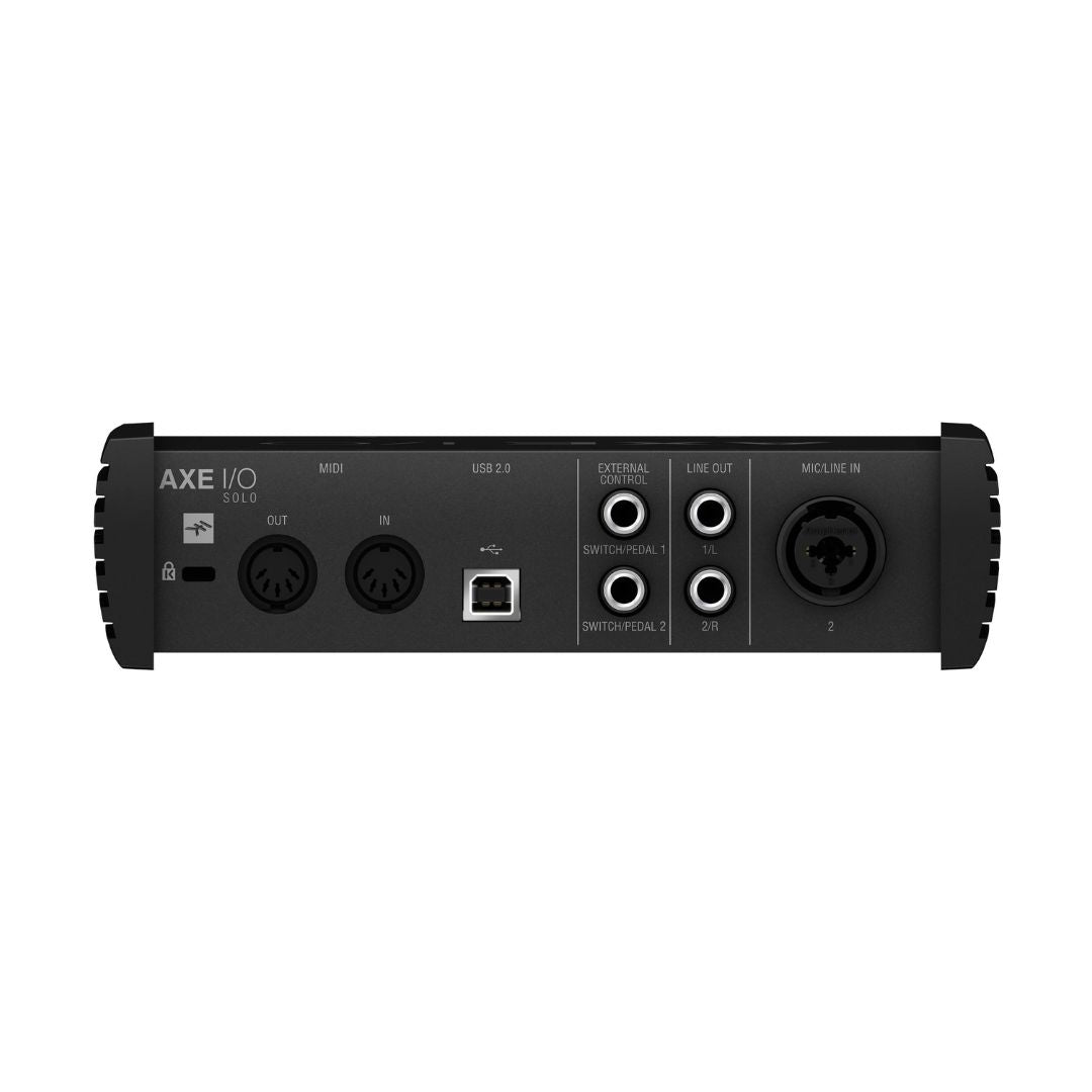 Back view of a black audio interface with various ports on a white background