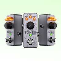 Three IK Multimedia TONEX One Bass Pedals beside one another displaying Top and Side Angled views on light green background