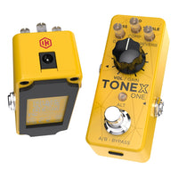 Pair of IK Multimedia TONEX One Brown Sound Pedal Yellow side by side displaying top and rear views on white background