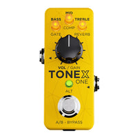 Top view of IK Multimedia TONEX One Brown Sound Pedal Yellow on white background