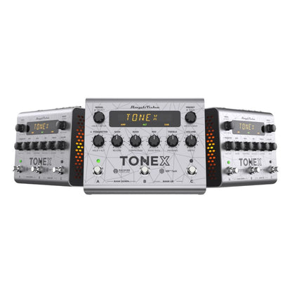 Three IK Multimedia TONEX Pedal Bass Edition products beside one another displaying its top and side angles on white background