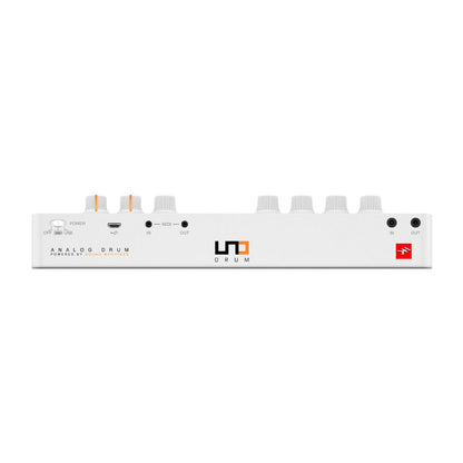 White electronic device with control knobs and brand logos on a white background