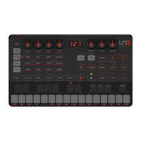 Black and red synthesizer controller with various buttons and display on a white background