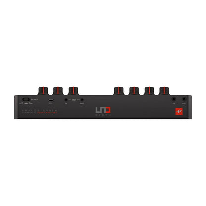 Black electronic device with red accents on a white background