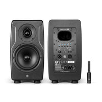 Pair of IK Multimedia iLoud Precision 6 MKII side by side displaying front and rear panels with ARC microphone on the side on white background