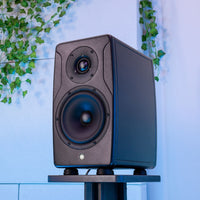 Angled view of IK Multimedia iLoud Precision 6 MKII on speaker stand with bluish white wall background with vines