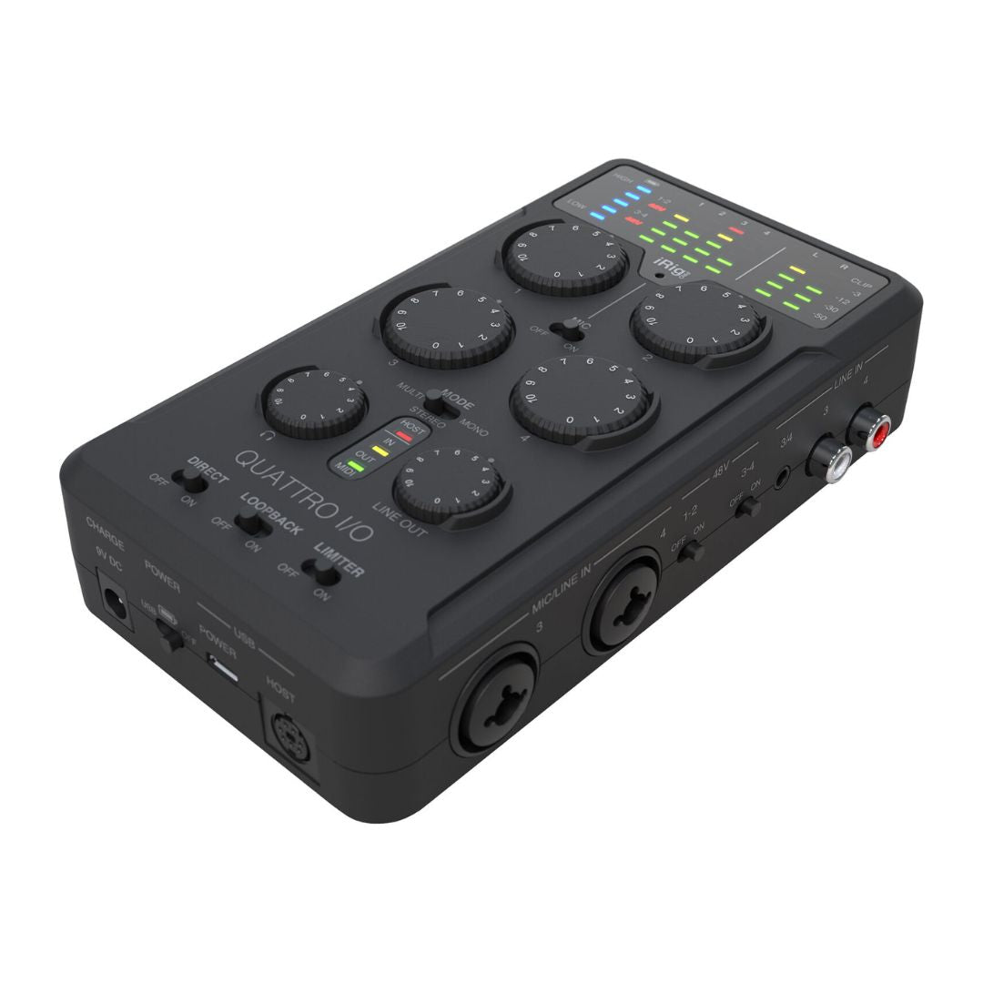 Black audio interface with multiple knobs and ports on a white background