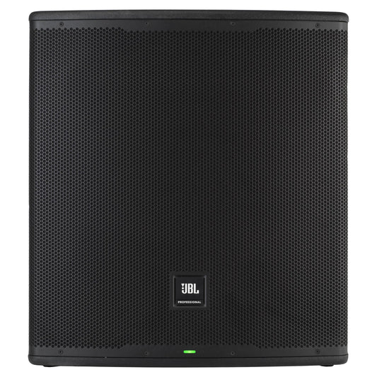 Front view of JBL EON718S 18" Powered PA Subwoofer on white background