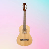 Front view of Jasmine JC-23 Classical Guitar on pink and blue gradient background