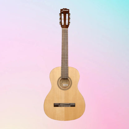 Front view of Jasmine JC-23 Classical Guitar on pink and blue gradient background