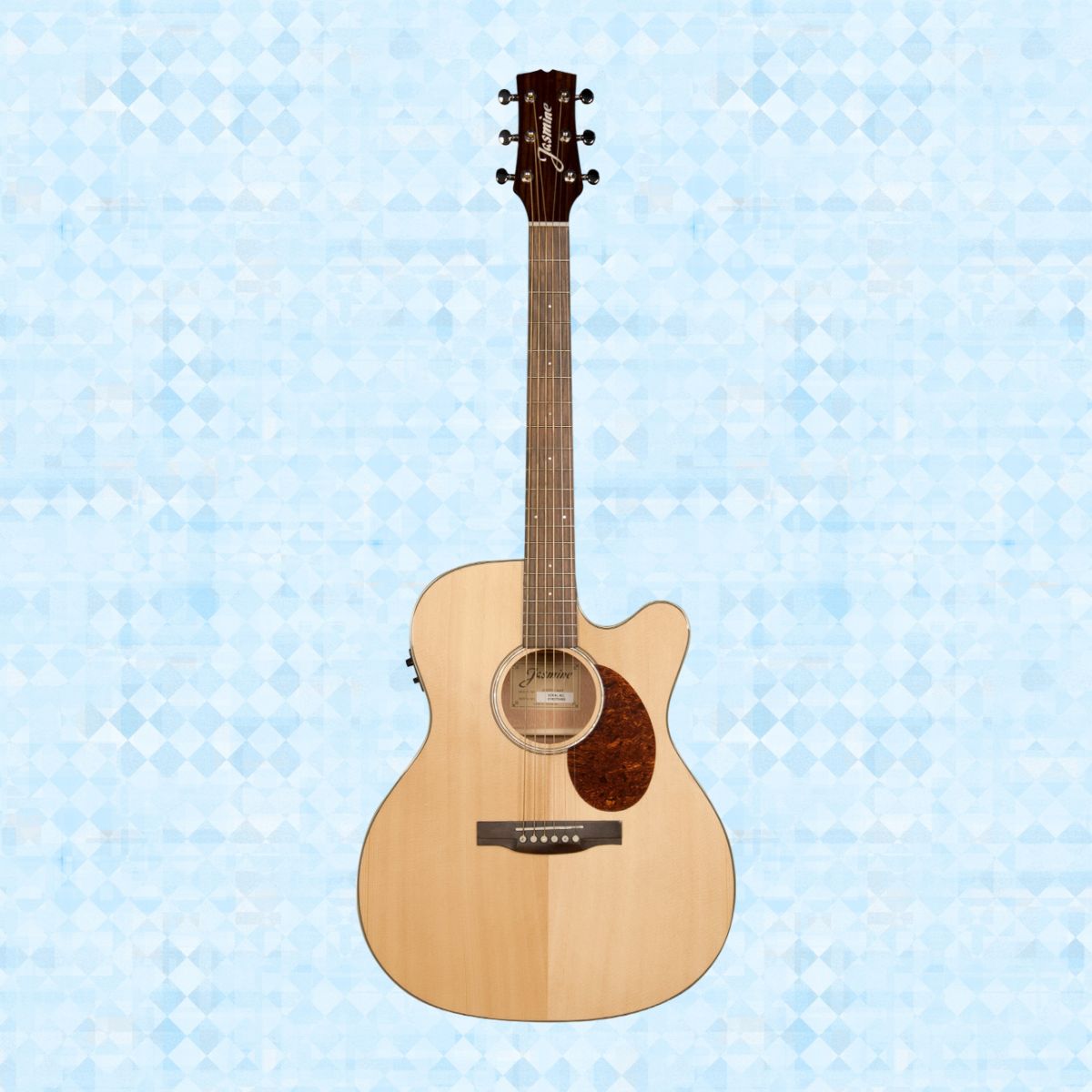 Front view of Jasmine JO-37CE Orchestra Style Acoustic Electric Guitar (Natural) on blue background