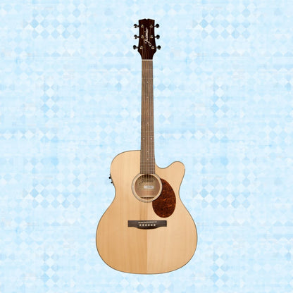 Front view of Jasmine JO-37CE Orchestra Style Acoustic Electric Guitar (Natural) on blue background