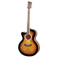 Front view of Jay Turser JTA 424QCET Acoustic Electric Guitar Tobacco Sunburst (Left-Handed) on white background