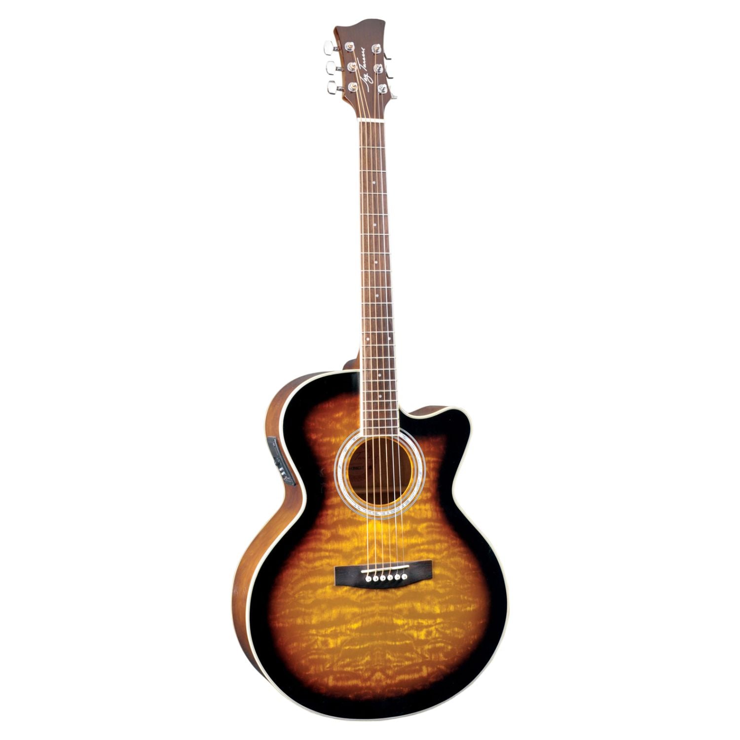 Front view of Jay Turser JTA 424QCET Acoustic Electric Guitar Tobacco Sunburst on white background