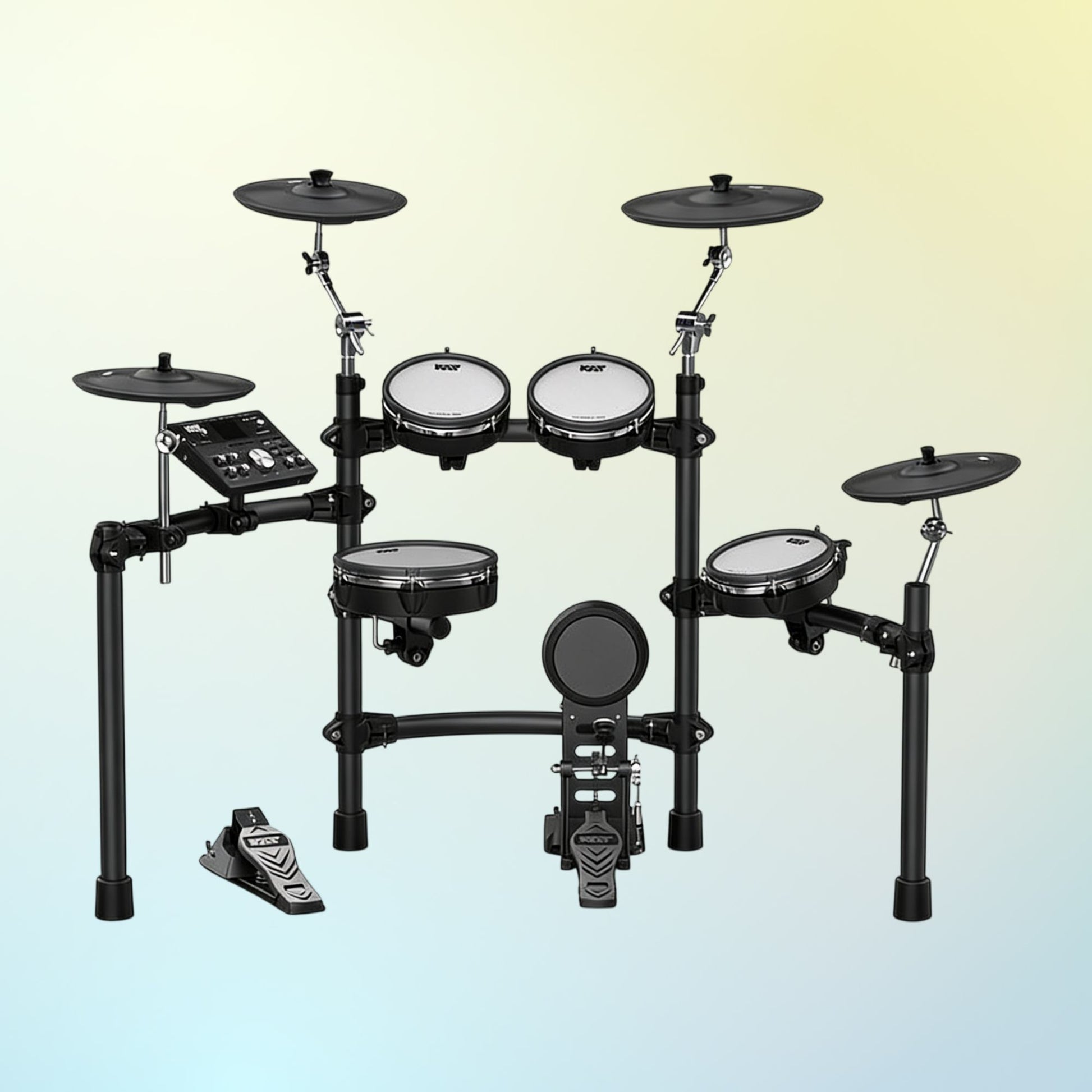 Front view of KAT Percussion KT-300 5-Piece Electronic Drum Set on blue and yellow gradient background