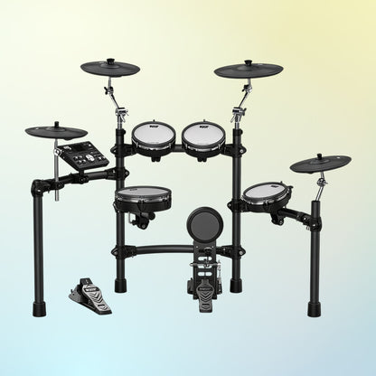 Front view of KAT Percussion KT-300 5-Piece Electronic Drum Set on blue and yellow gradient background