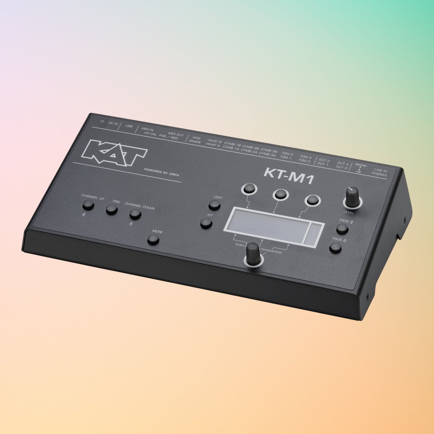 Angled front view of KAT Percussion KT-M1 Drum Module on orange gradient background