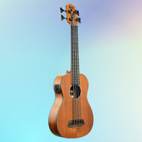 Angled view of Kala Rumbler Mahogany Acoustic-Electric U-BASS Ukulele on blue gradient background