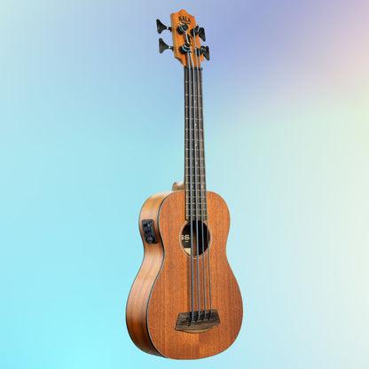 Angled view of Kala Rumbler Mahogany Acoustic-Electric U-BASS Ukulele on blue gradient background