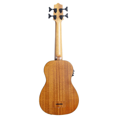 Rear view of Kala Rumbler Mahogany Acoustic-Electric U-BASS Ukulele on white background