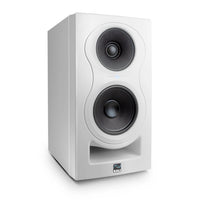 White speaker with two black drivers on a white background