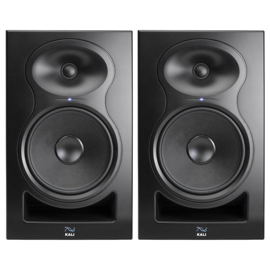 Pair of black speakers with Kali logo on a white background