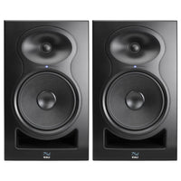 Pair of black speakers with Kali logo on a white background