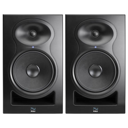 Pair of black speakers with Kali logo on a white background