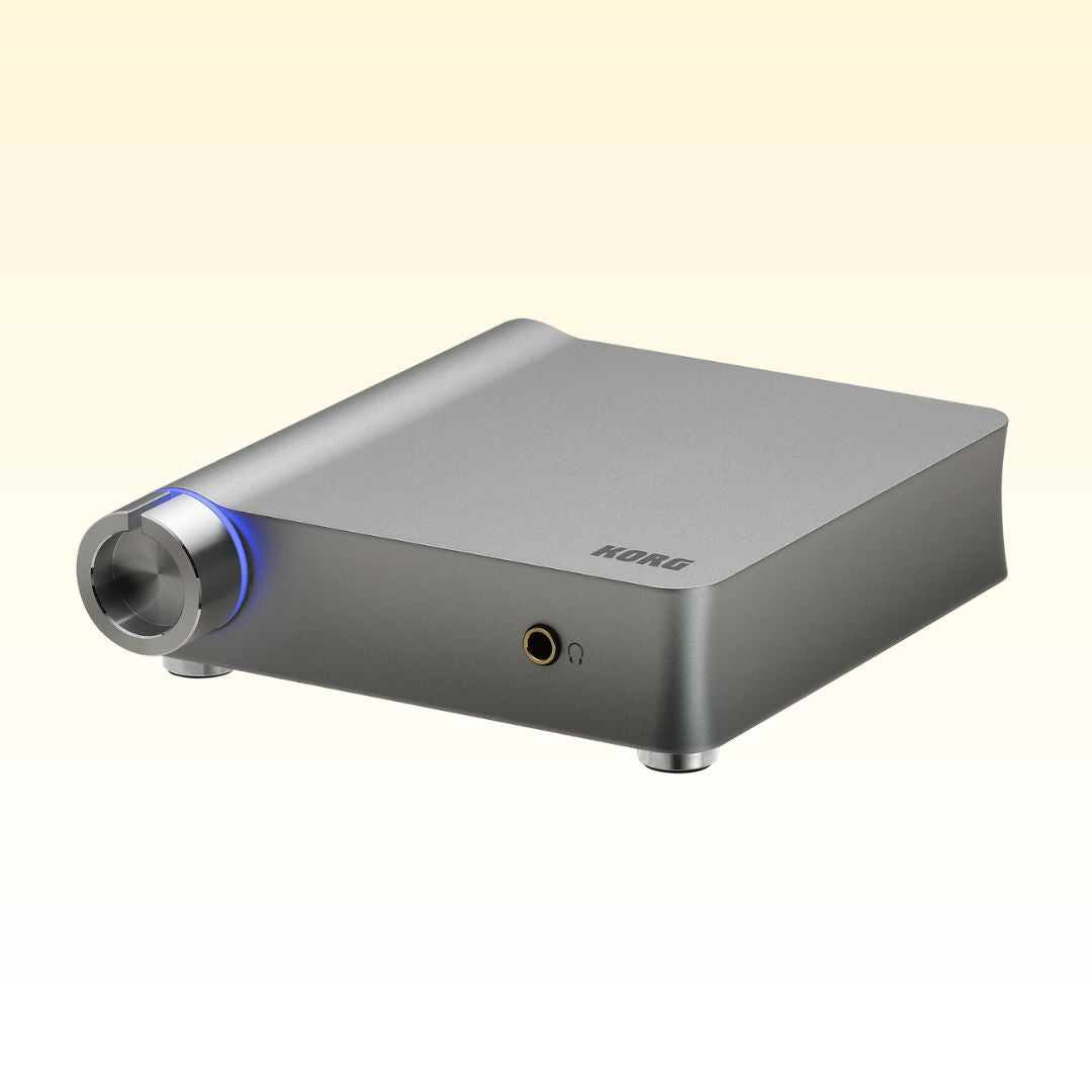 Angled front view of Korg DS-DAC-10R on yellow background