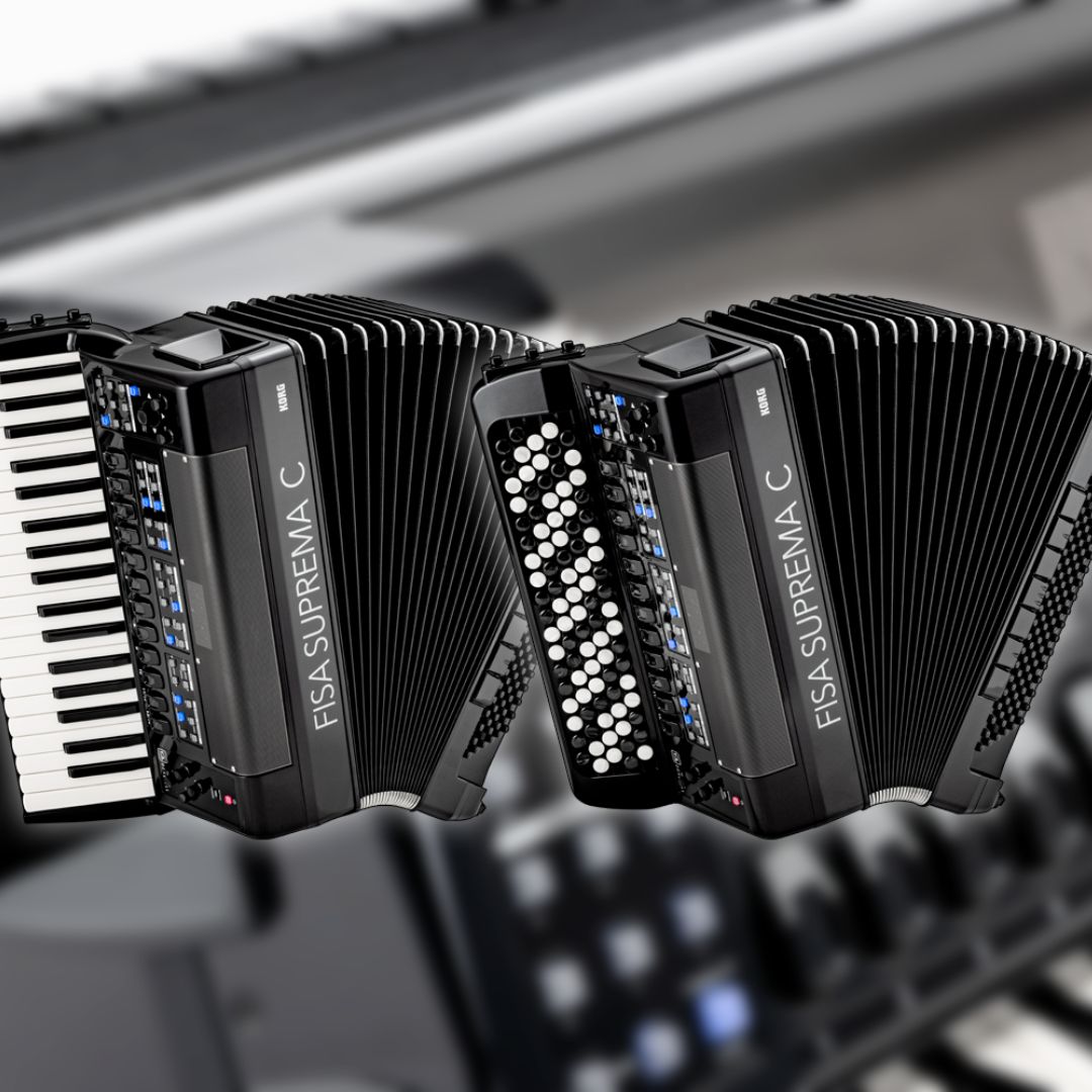 Side by side angled view of Korg FISA SUPREMA C Aero Digital Accordion Buttons and Korg FISA SUPREMA C Aero Digital Accordion Piano on accordion background