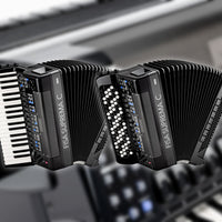 Side by side angled view of Korg FISA SUPREMA C Aero Digital Accordion Buttons and Korg FISA SUPREMA C Aero Digital Accordion Piano on accordion background