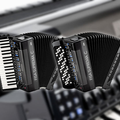 Side by side angled view of Korg FISA SUPREMA C Aero Digital Accordion Buttons and Korg FISA SUPREMA C Aero Digital Accordion Piano on accordion background