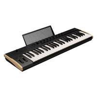Angled view of Korg Keystage Poly AT MIDI Keyboard 49 Keys with Music Stand up on white background