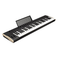Angled view of Korg Keystage Poly AT MIDI Keyboard 61 Keys with Music Stand up on white background