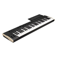 Angled view of Korg Keystage Poly AT MIDI Keyboard 61 Keys with Music Stand leaned back on white background