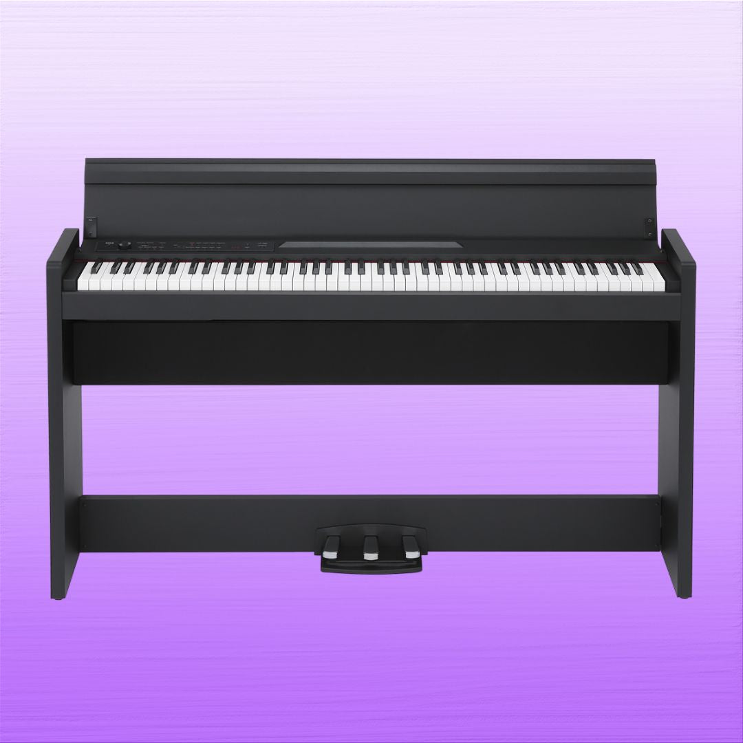 Front view of Korg LP-380 Black on purple background