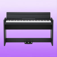 Front view of Korg LP-380 Black on purple background