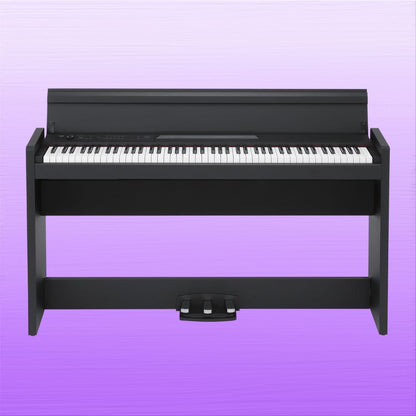Front view of Korg LP-380 Black on purple background