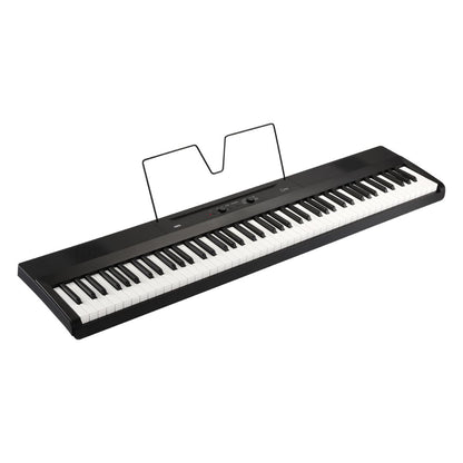 Angled view of Korg Liano with music stand on white background